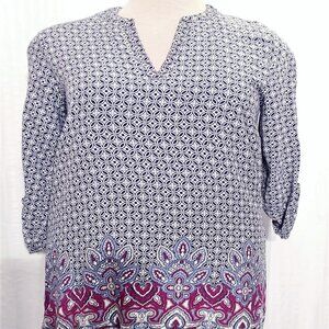 Buttons Dress Large Women's Blue V-Neck Tunic Sheath Roll Tab  3/4 Sleeves Lined